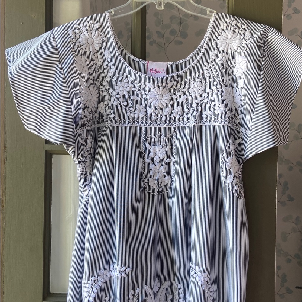Nativa Embroidered Navy and White Striped Dress Large